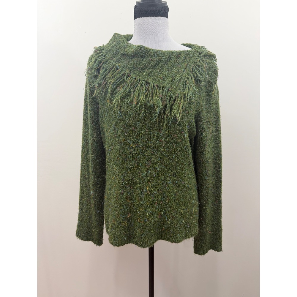 Units Petite Green Marl Fringe Collar Knit Sweater Large 710376